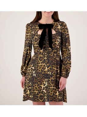 Leopard Print Tie-Neck Long Sleeve Dress - Black & Brown